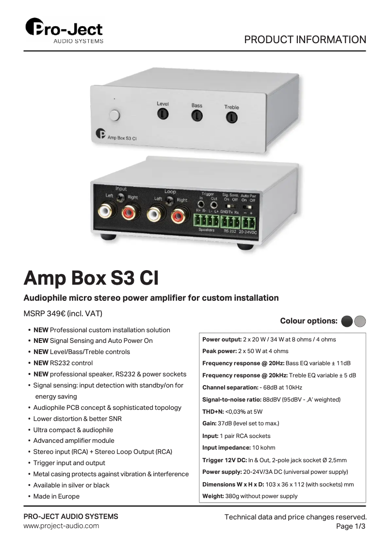 Page 1 de la notice Fiche technique Pro-Ject Amp Box S3 CI