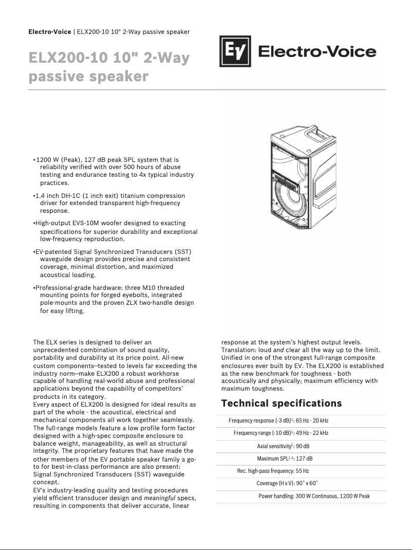 Page 1 de la notice Fiche technique Electro-Voice ELX200-12