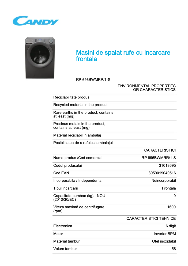 Page 1 de la notice Fiche technique Candy RP 696BWMRR/1-S