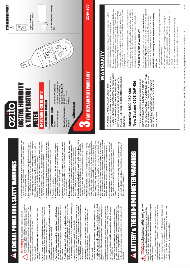 Page 1 de la notice Manuel utilisateur Ozito ODTH-100