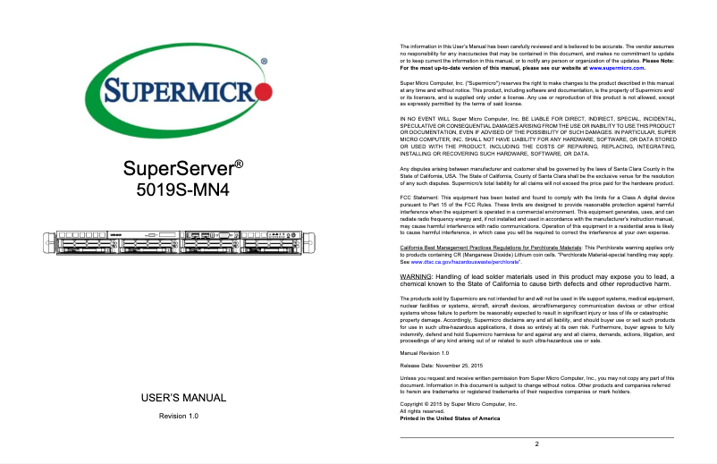 Image de la première page du manuel de l'appareil SuperServer 5019S-MN4
