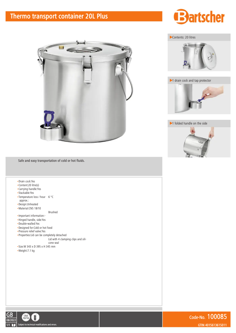 Page 1 de la notice Fiche technique Bartscher 100085