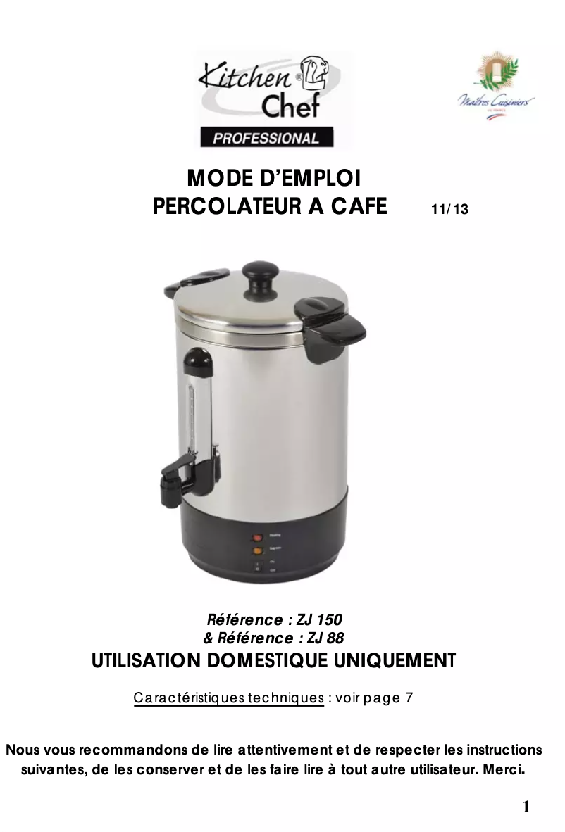 Page n°1 - Manuel utilisateur Kitchen Chef ZJ88