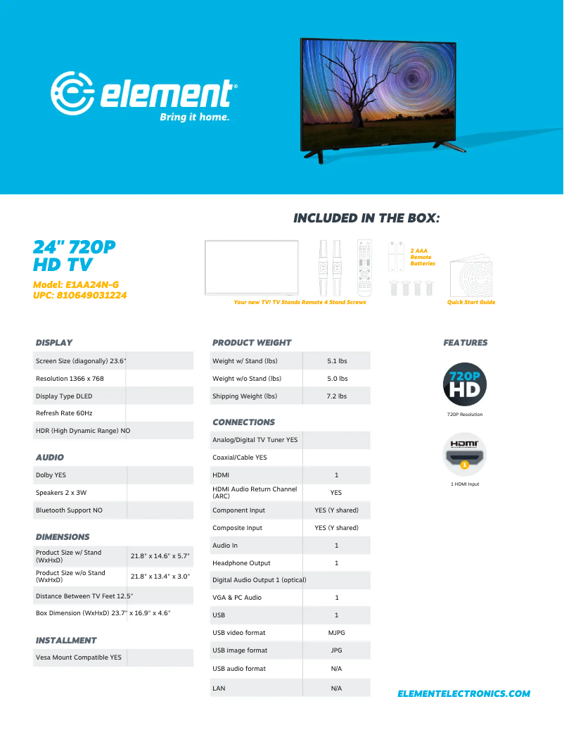 Page 1 de la notice Manuel utilisateur Element E1AA24N