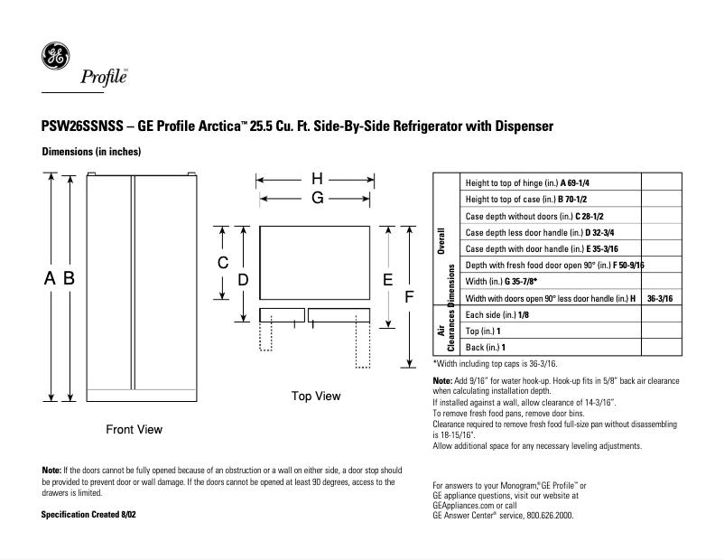 Página 1 del manual Ficha técnica GE Profile Arctica PSW26SSNSS