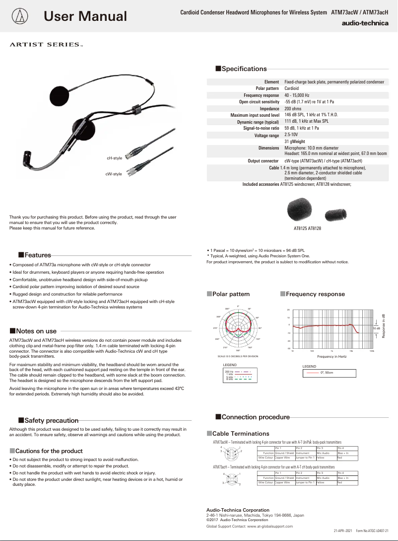 Page 1 de la notice Manuel utilisateur Audio-Technica ATM73acW