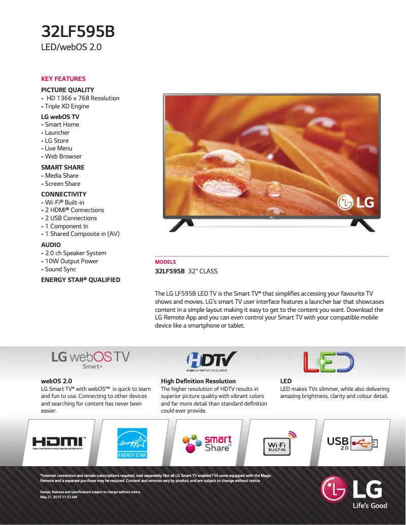 Page 1 de la notice Fiche technique LG 32LF595B