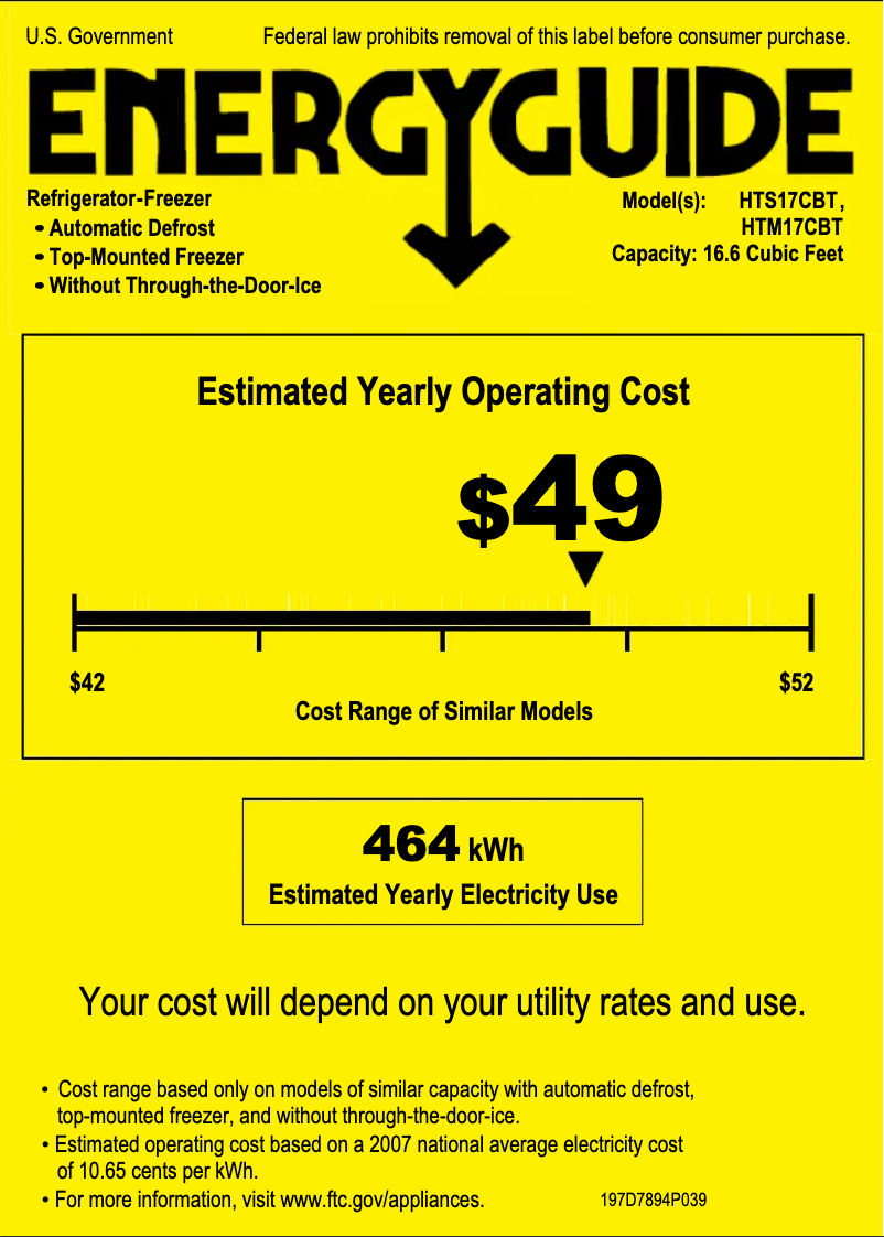 Page 1 de la notice Label énergétique Hotpoint HTS17CBTWW