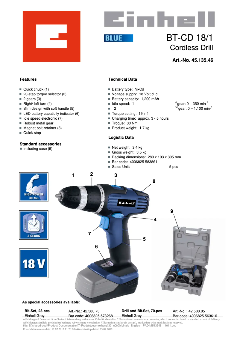 Page n°1 - Fiche technique Einhell BT-CD 18/1