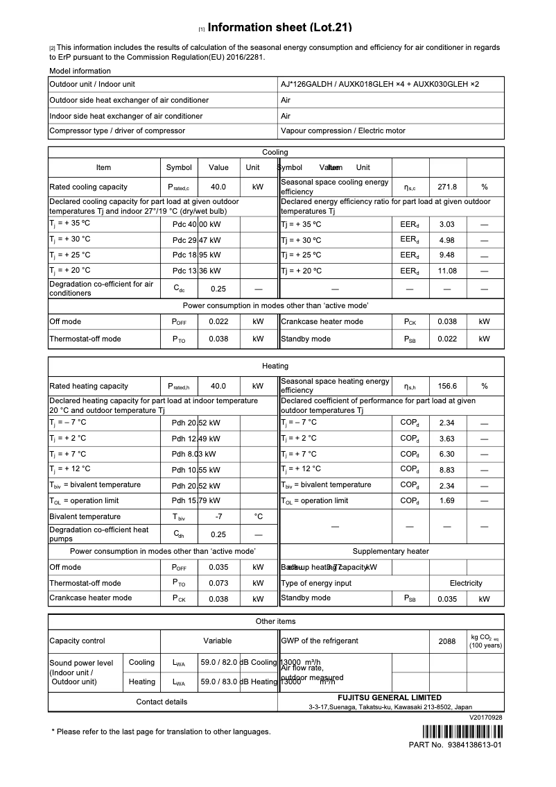Page 1 de la notice Fiche technique Fujitsu Airstage AJH126GALDH