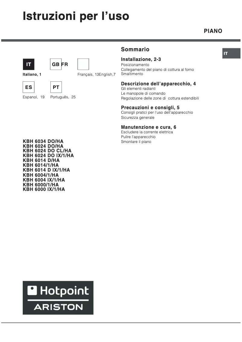 Page 1 de la notice Manuel utilisateur Hotpoint Ariston KBH 6004 IX 1 HA