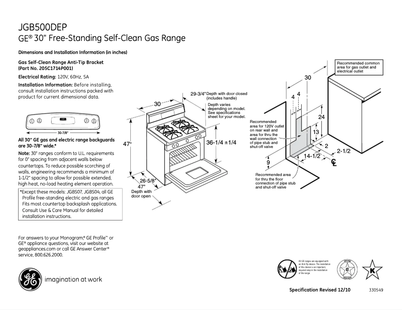 Page 1 of the manual Technical Sheet GE JGB500DEPWW