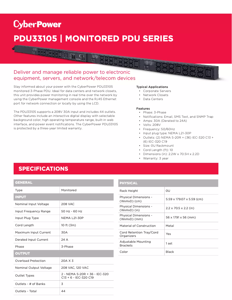 Page 1 de la notice Fiche technique CyberPower PDU33105