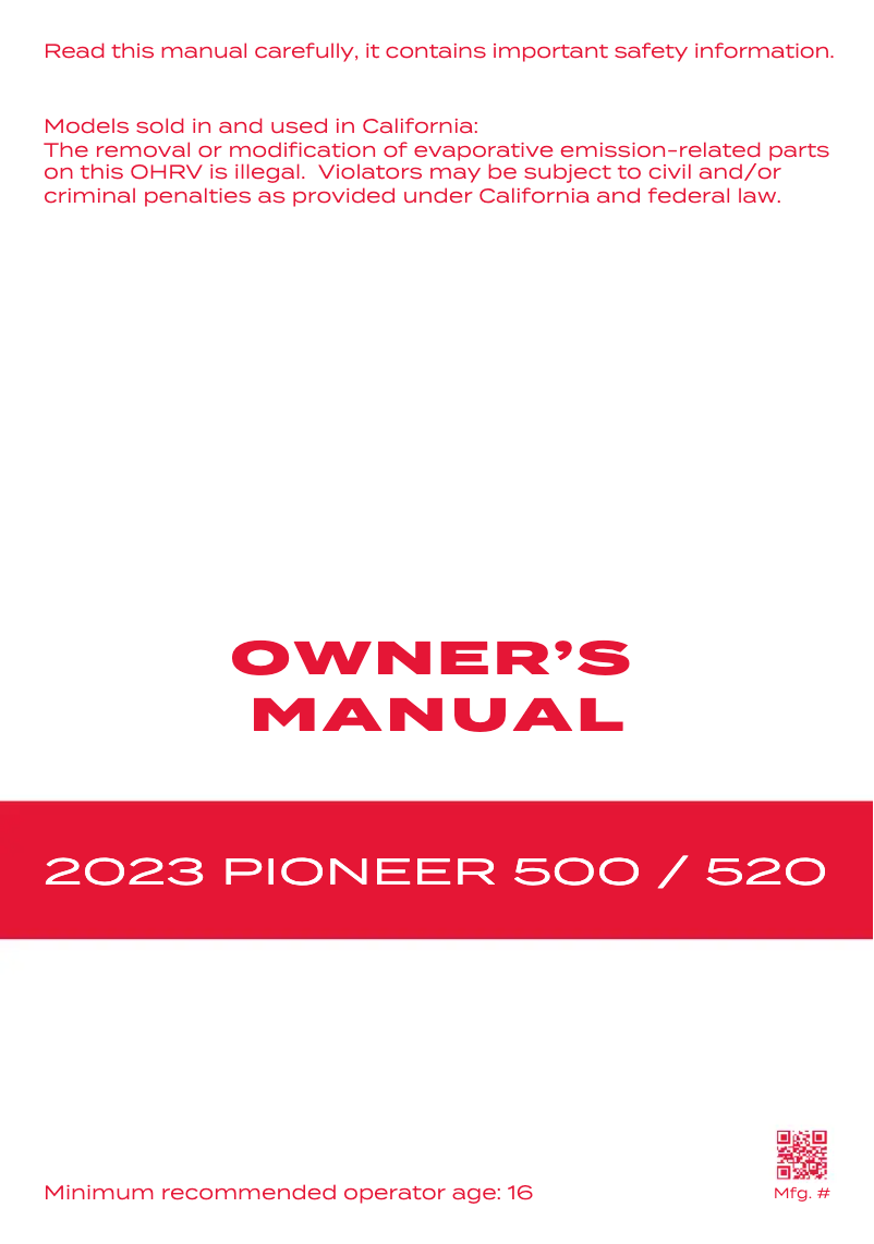 Page n°1 - Manuel utilisateur Honda Pioneer 500 (2023)