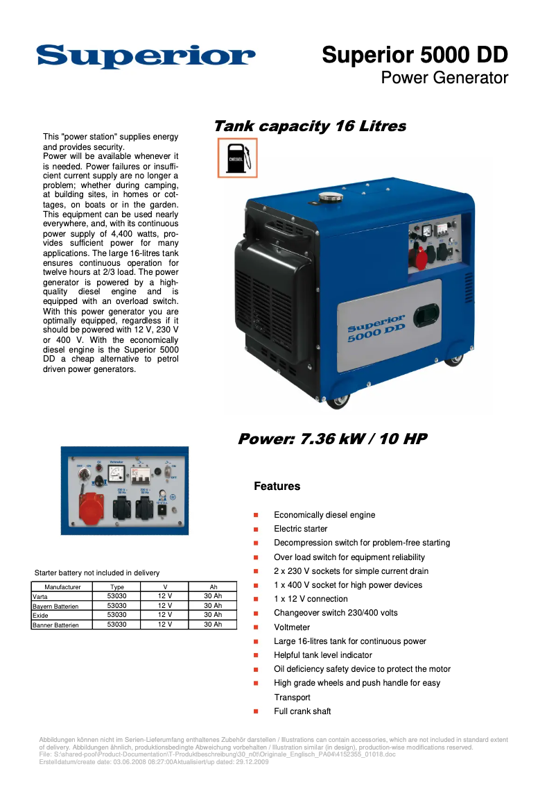 Page 1 de la notice Fiche technique Superior 5000 DD