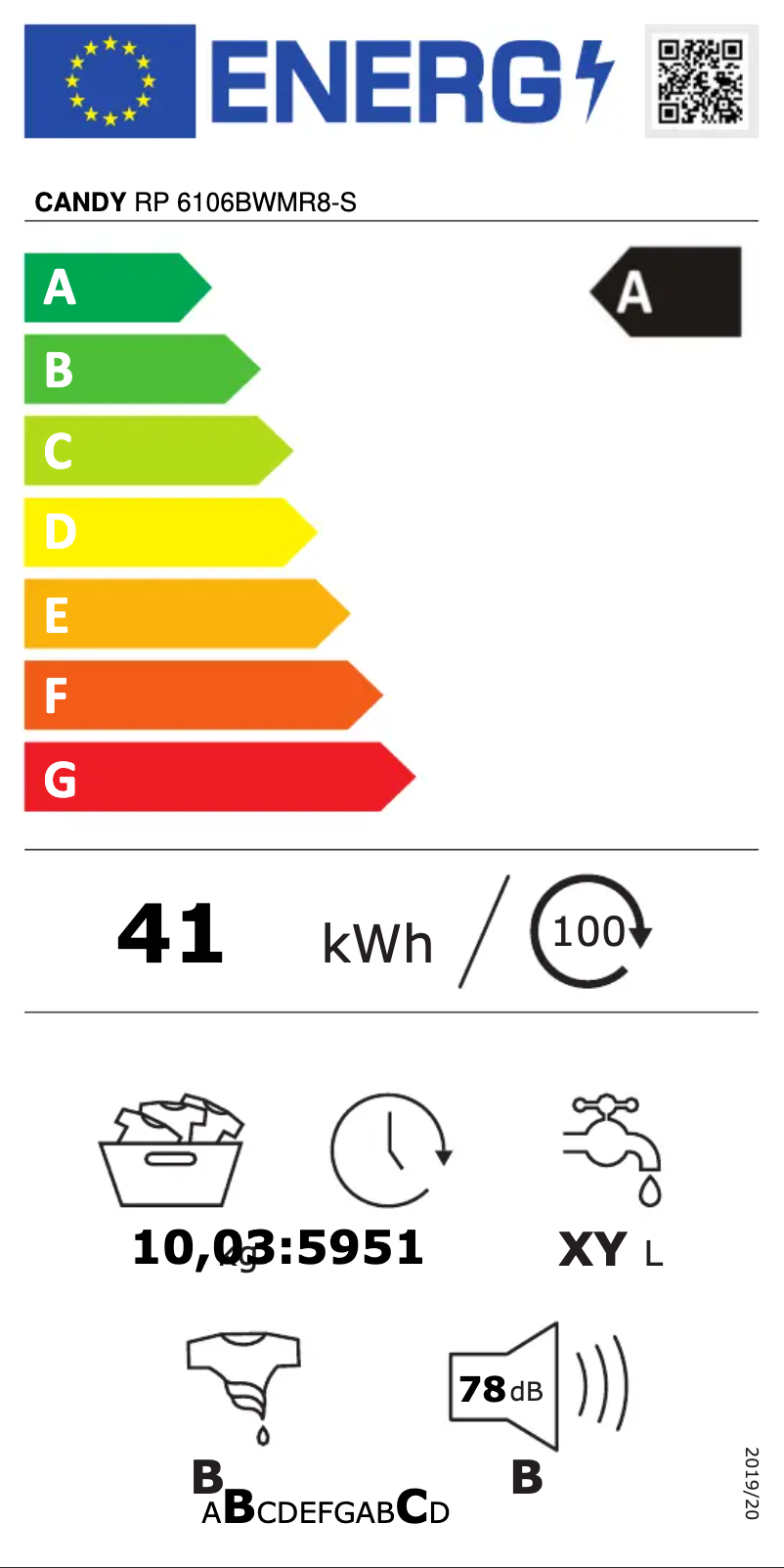 Page n°1 - Label énergétique Candy RP 6106BWMR8-S