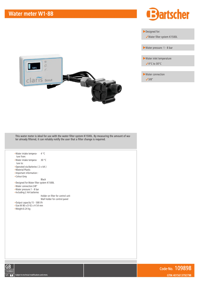 Page n°1 - Fiche technique Bartscher W1-8B