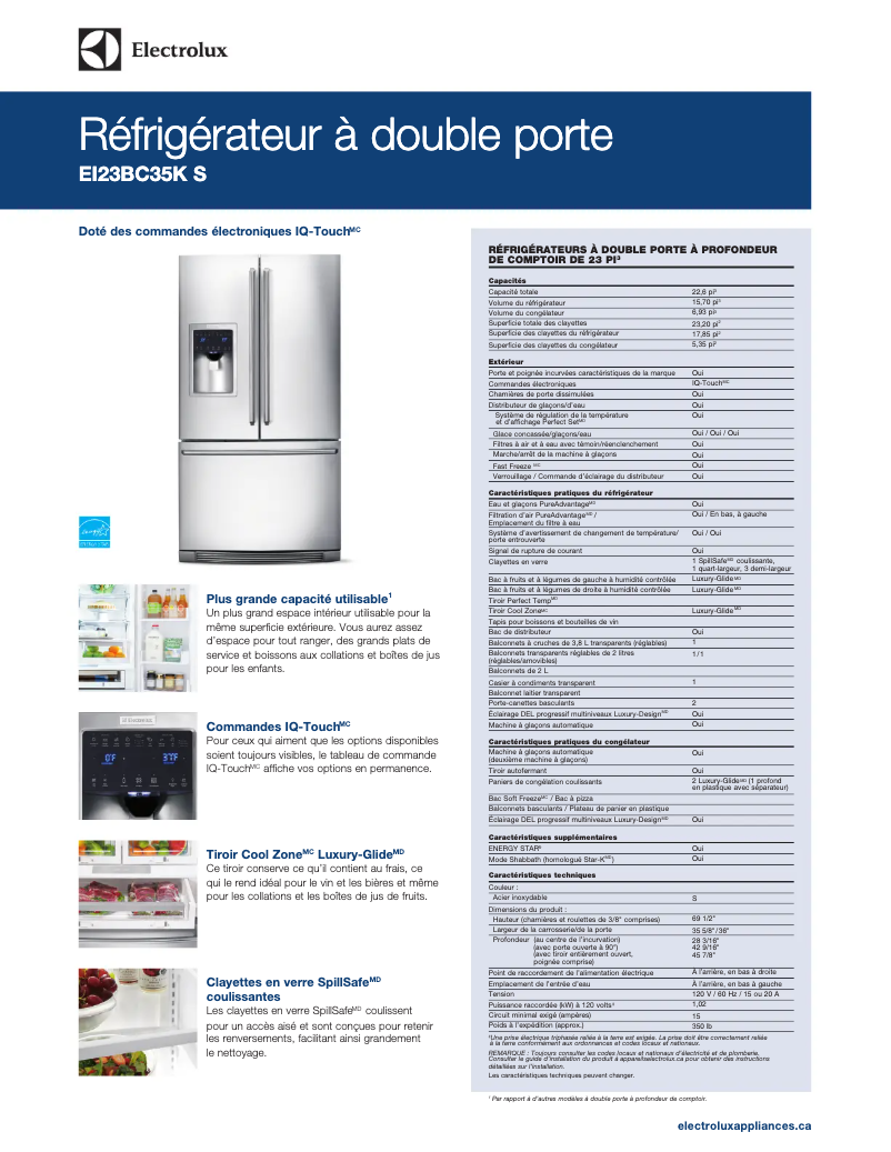 Page 1 de la notice Fiche technique Electrolux EI23BC35KS