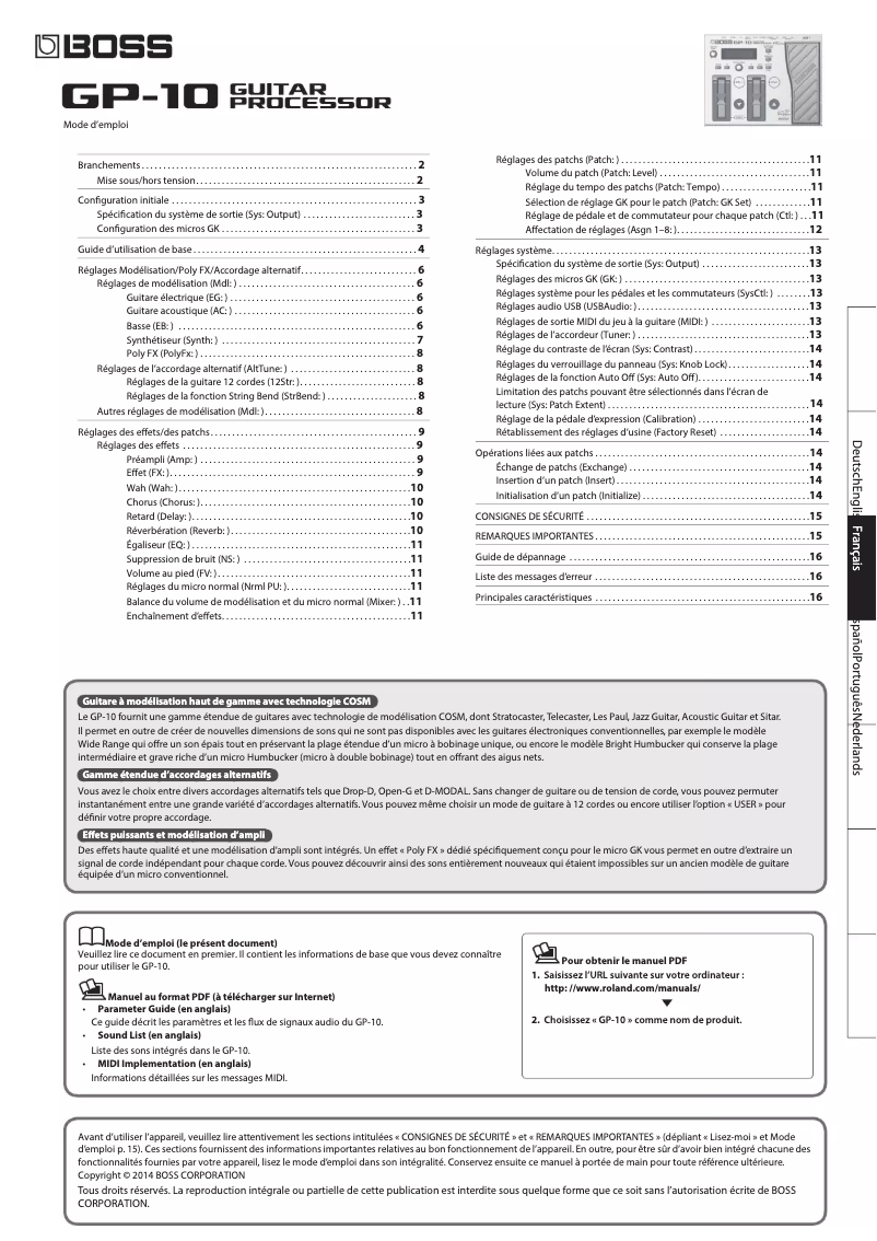Page n°1 - Manuel utilisateur Boss GP-10GK