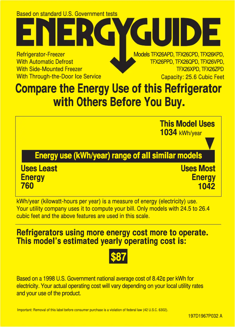 Page 1 de la notice Label énergétique GE Profile Performance TFX26PPDAA