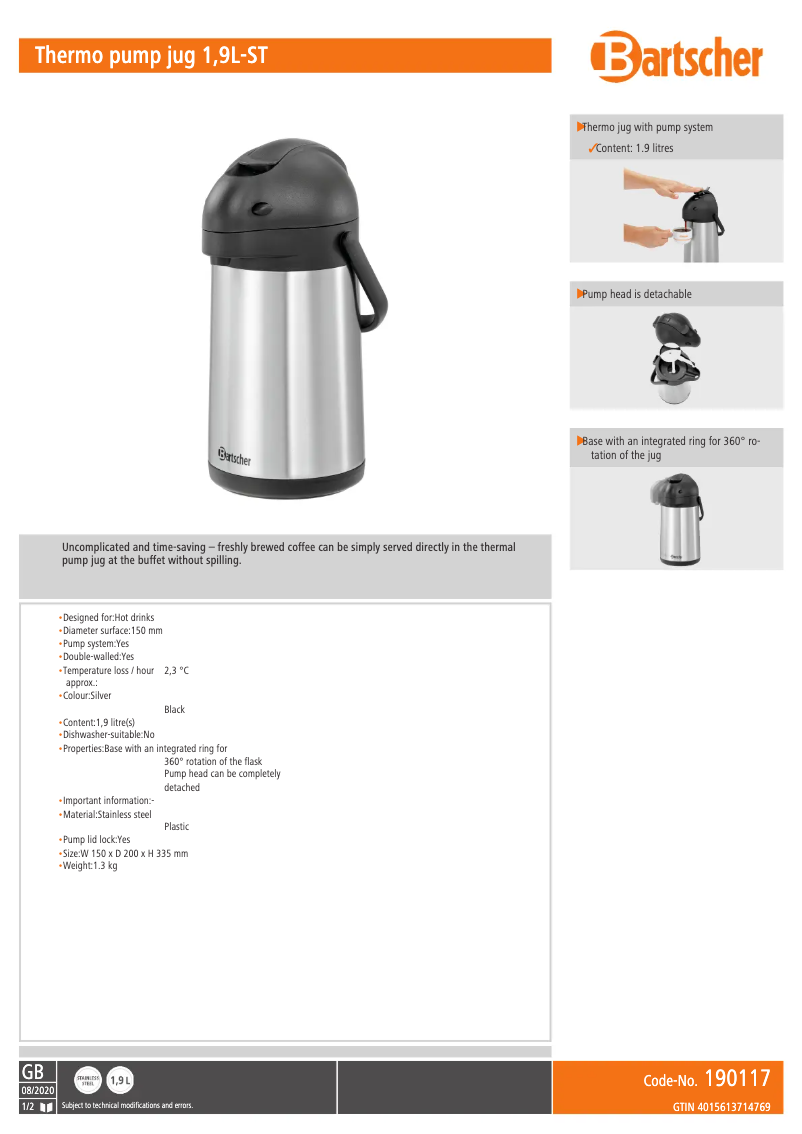 Página 1 del manual Ficha técnica Bartscher 190117