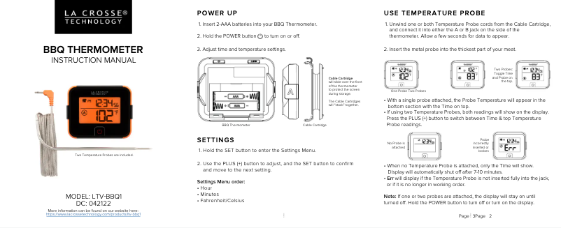 Page 1 de la notice Manuel utilisateur La Crosse Technology LTV-BBQ1