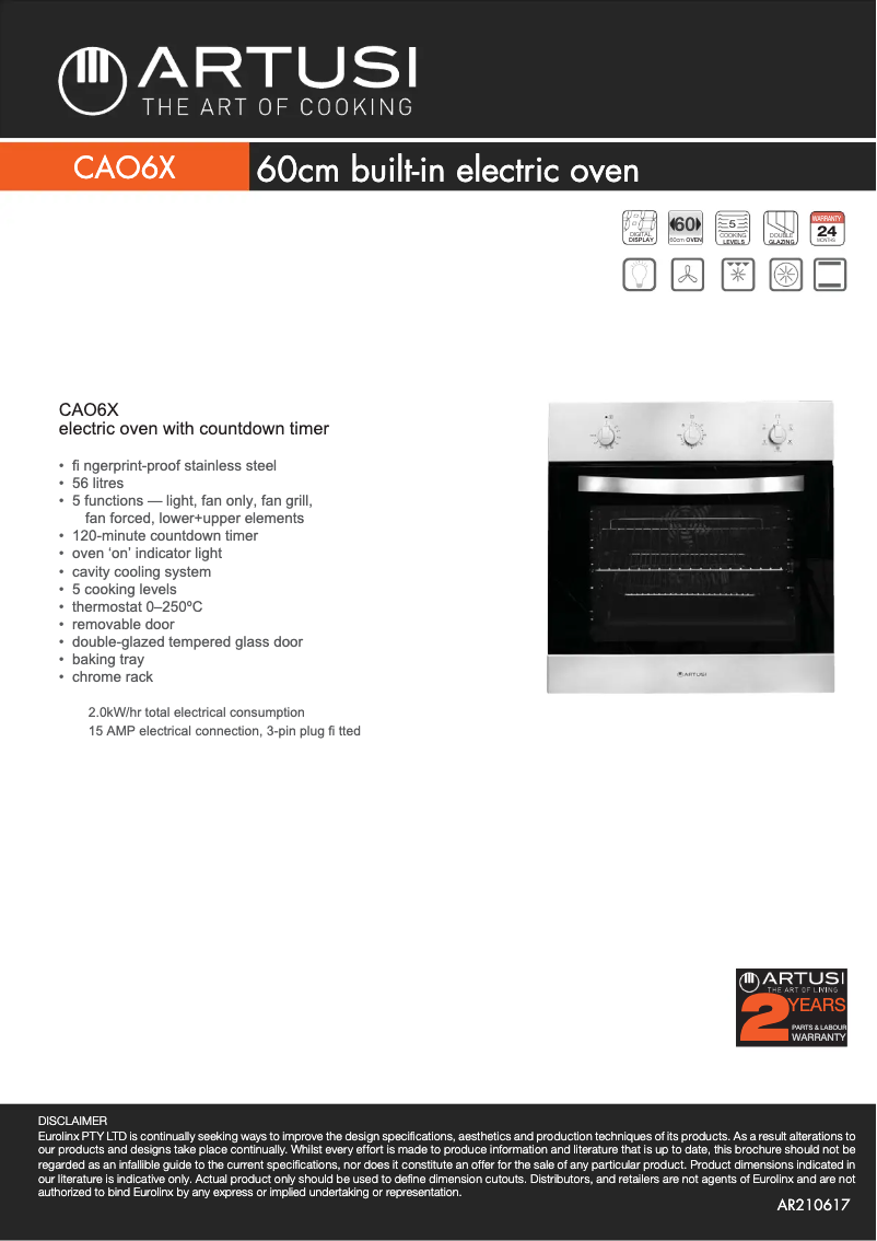 Page 1 de la notice Fiche technique Artusi CAO6X