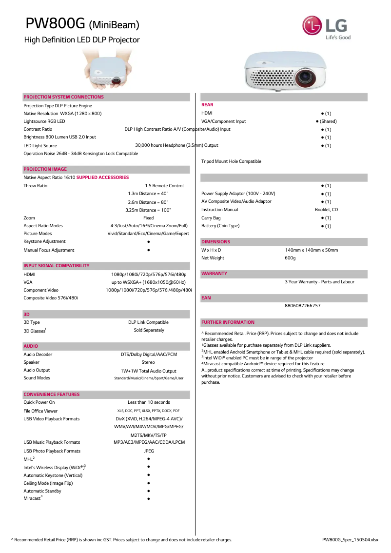 Page 1 de la notice Fiche technique LG PW800G