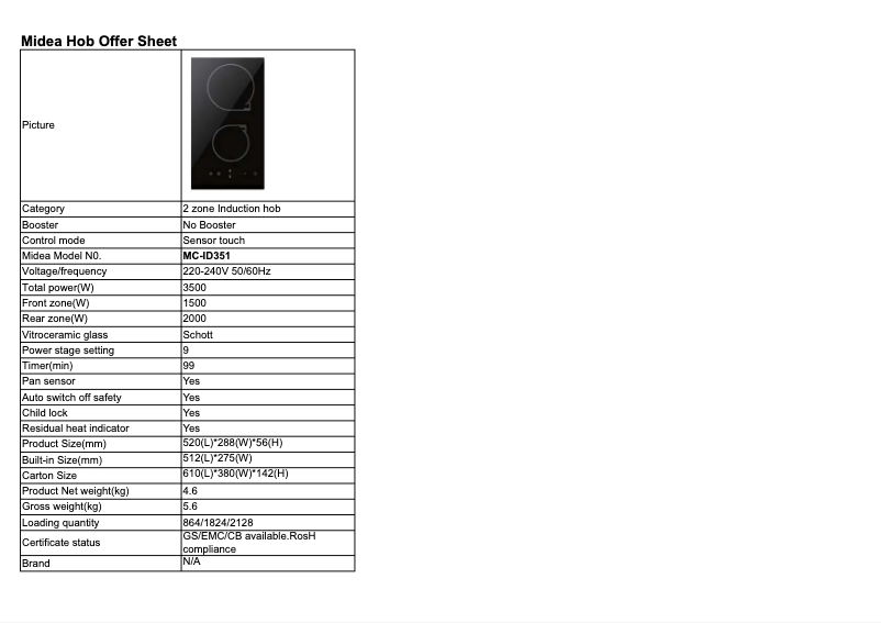 Página 1 del manual Ficha técnica Midea MC-ID351
