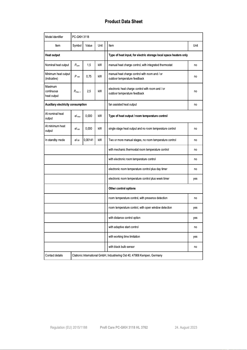 Page n°1 - Fiche technique ProfiCare PC-GKH 3118
