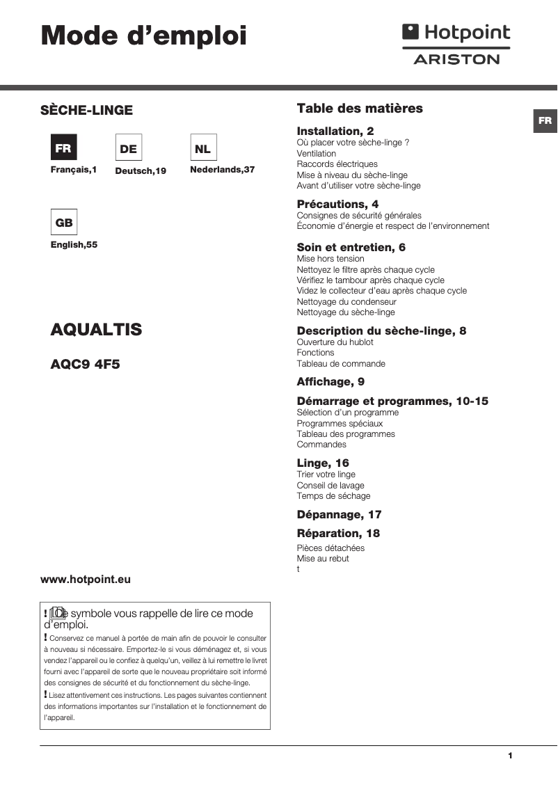 Página 1 del manual Manual de usuario Hotpoint Ariston Aqualtis AQC9 4F5