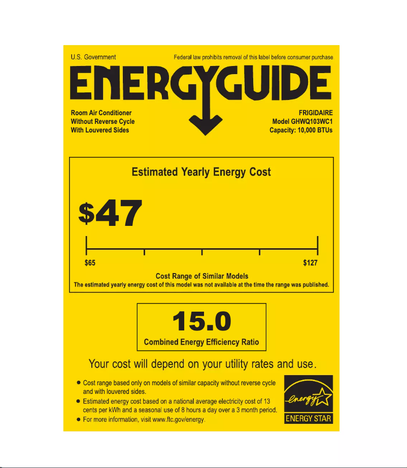 Página 1 del manual Etiqueta energética Frigidaire GHWQ103WC1