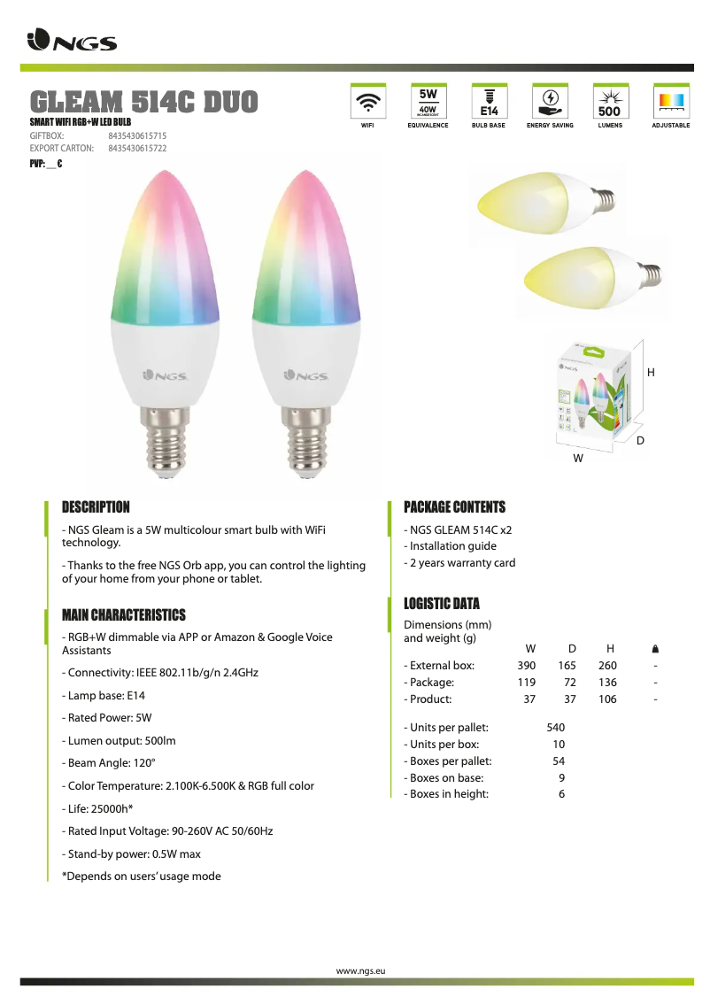 Page 1 de la notice Fiche technique NGS Gleam 514C