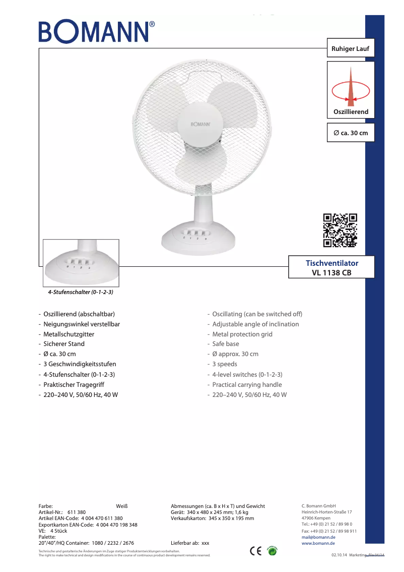 Page 1 de la notice Fiche technique Bomann VL 1138 CB