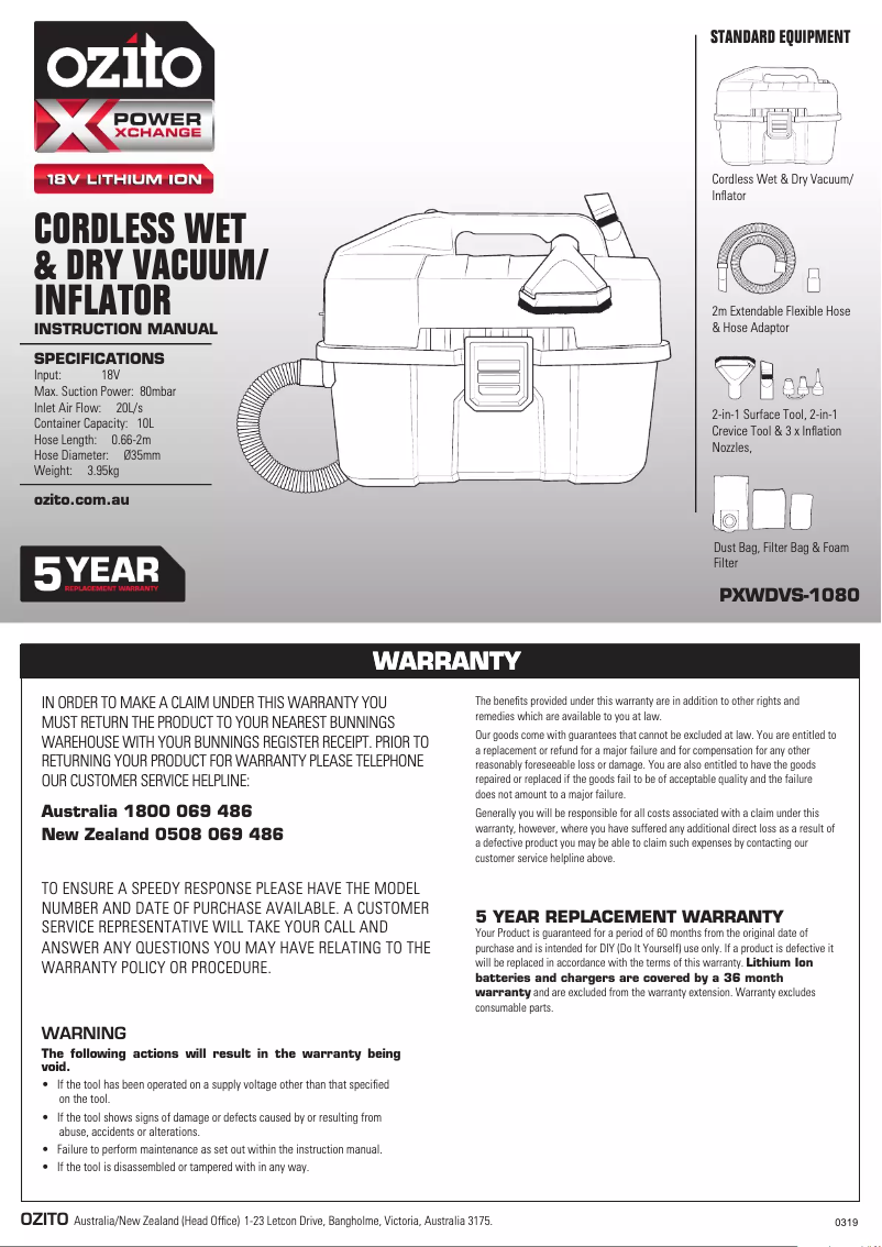 Page 1 de la notice Manuel utilisateur Ozito PXWDVS-1080