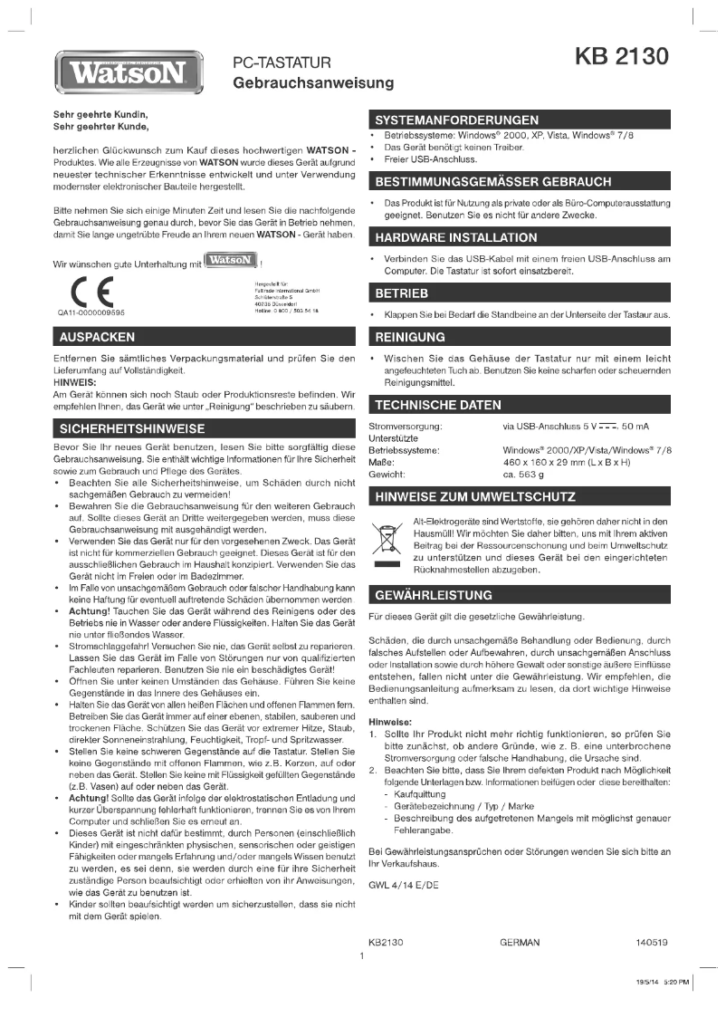 Page 1 de la notice Manuel utilisateur Watson KB 2130