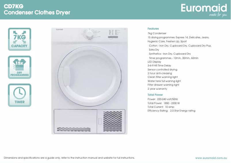 Page 1 de la notice Fiche technique Euromaid CD7KG