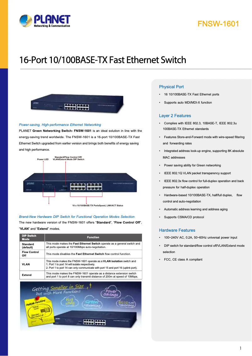 Page 1 de la notice Fiche technique Planet FNSW-1601