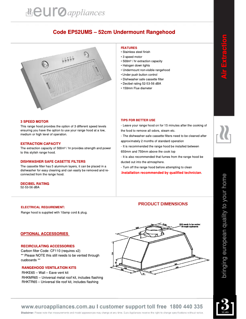 Page 1 de la notice Fiche technique Euro Appliances EP52UMS