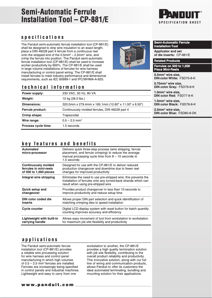 Page n°1 - Fiche technique Panduit CP-881/E