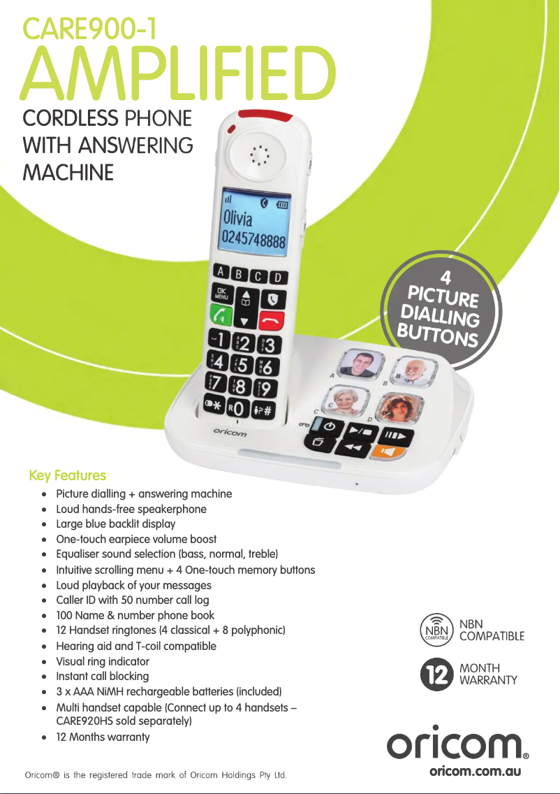 Página 1 del manual Ficha técnica Oricom CARE900-1