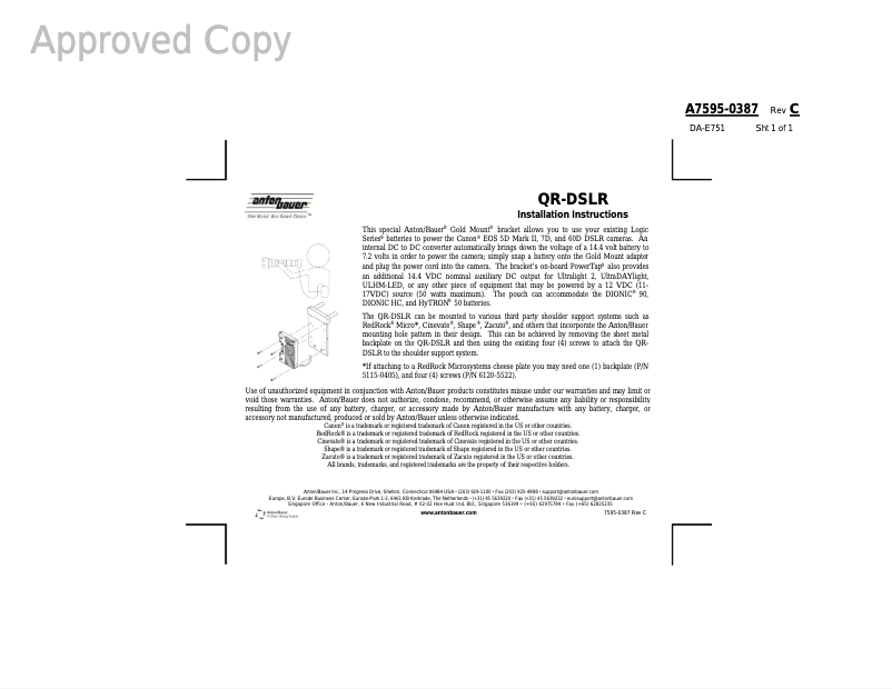Page 1 de la notice Manuel utilisateur Anton/Bauer QR-DSLR