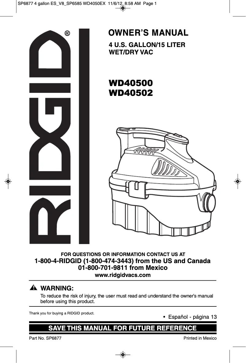 Página 1 del manual Manual de usuario Ridgid WD40500