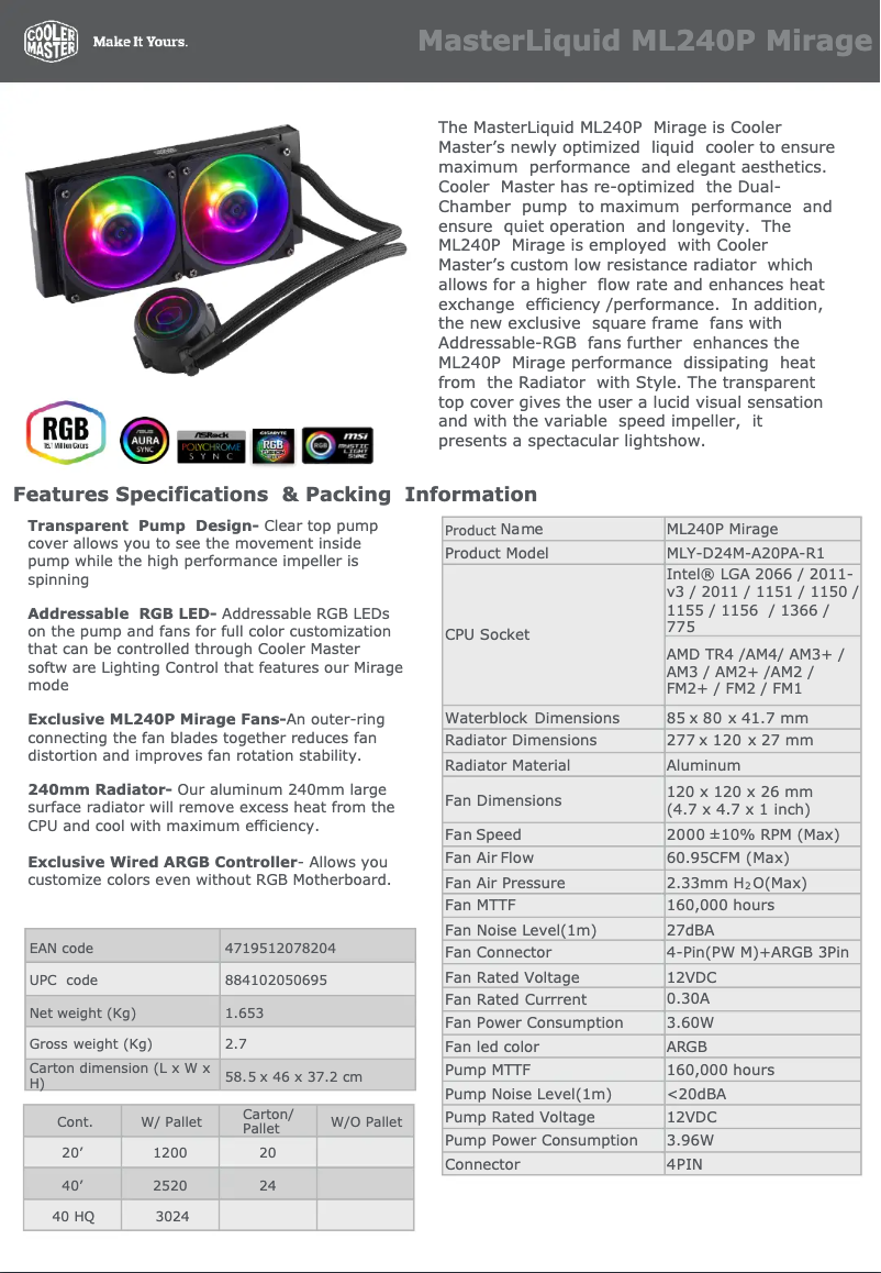 Page n°1 - Fiche technique Cooler Master MasterLiquid ML240P Mirage