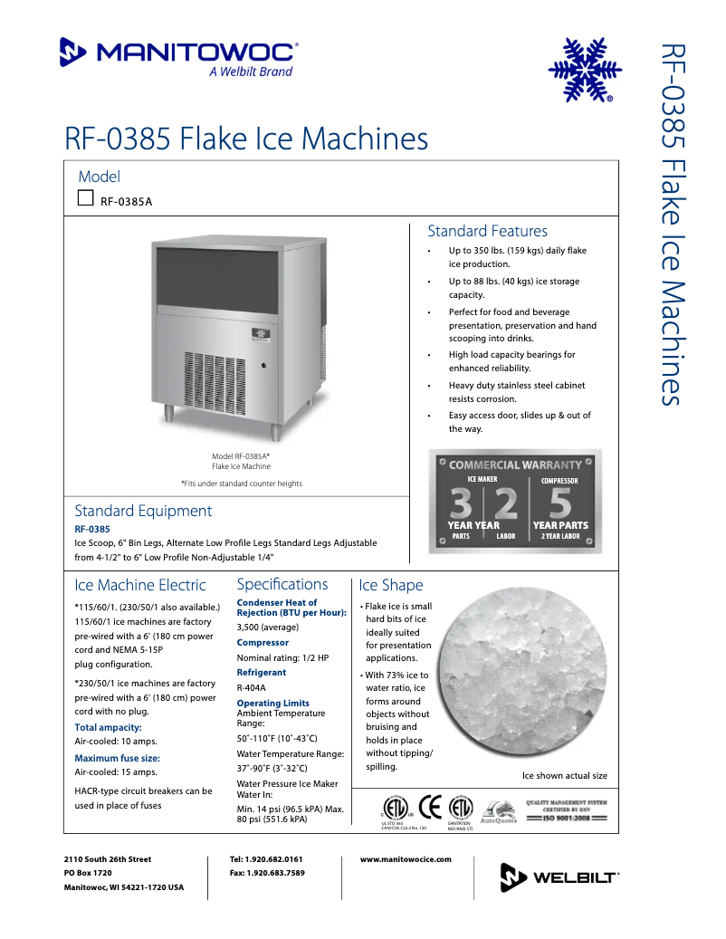 Page 1 de la notice Fiche technique Manitowoc RF-0385A