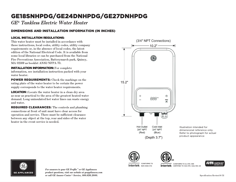 Page 1 de la notice Fiche technique GE GE24DNHPDG