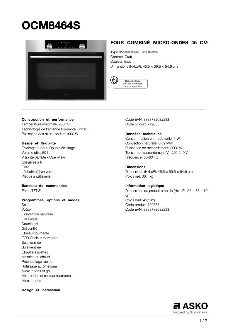 Page 1 de la notice Fiche technique Asko OCM8464S