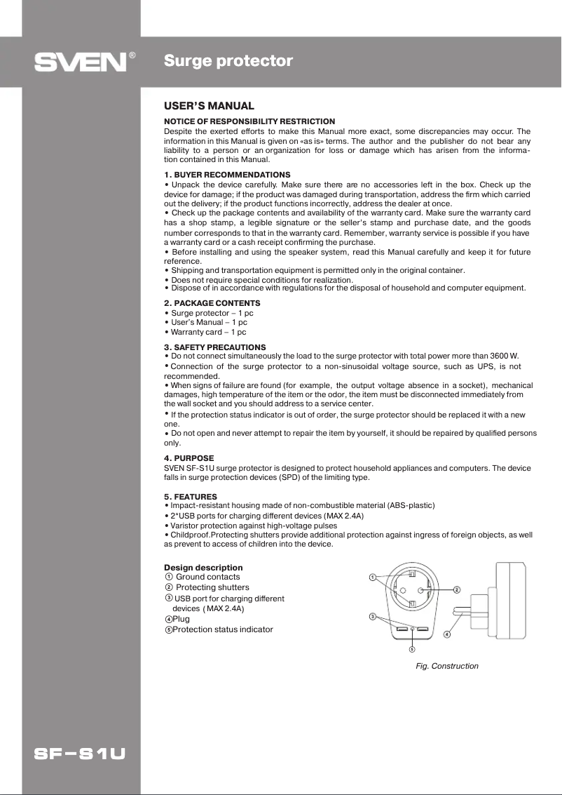 Page 1 de la notice Manuel utilisateur Sven SF-S1U