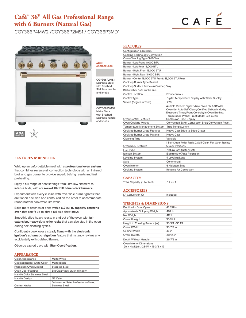 Page 1 de la notice Fiche technique GE CGY366P4MW2