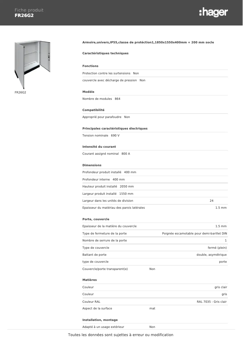 Page n°1 - Fiche technique Hager FR26G2